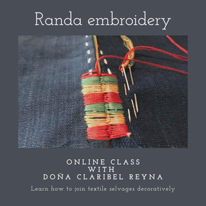 Embroidery project with colorful fabric strips on a dark fabric background, promoting an online embroidery class.