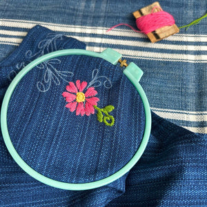 Close up of how the stitches look while embroidering the flowers drawn on the top.