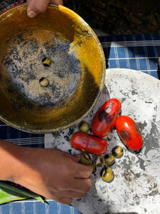 Person preparing roasted tomatoes on a traditional comal.