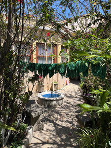 Courtyard with a fountain, surrounded by plants and a building in the background.