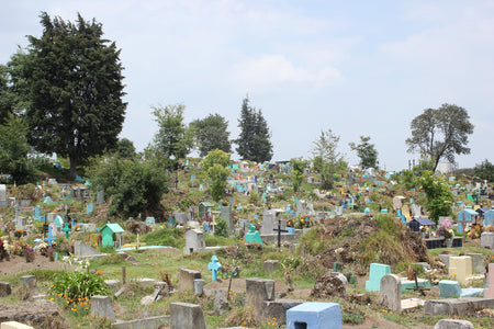 Cemetery with various colored gravestones under a clear blue sky.