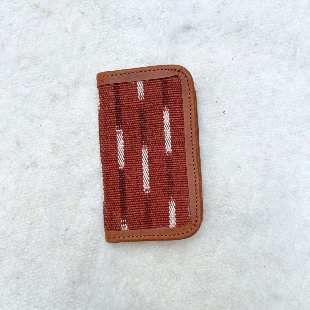 Brown and white pattern cardholder with brown leather 