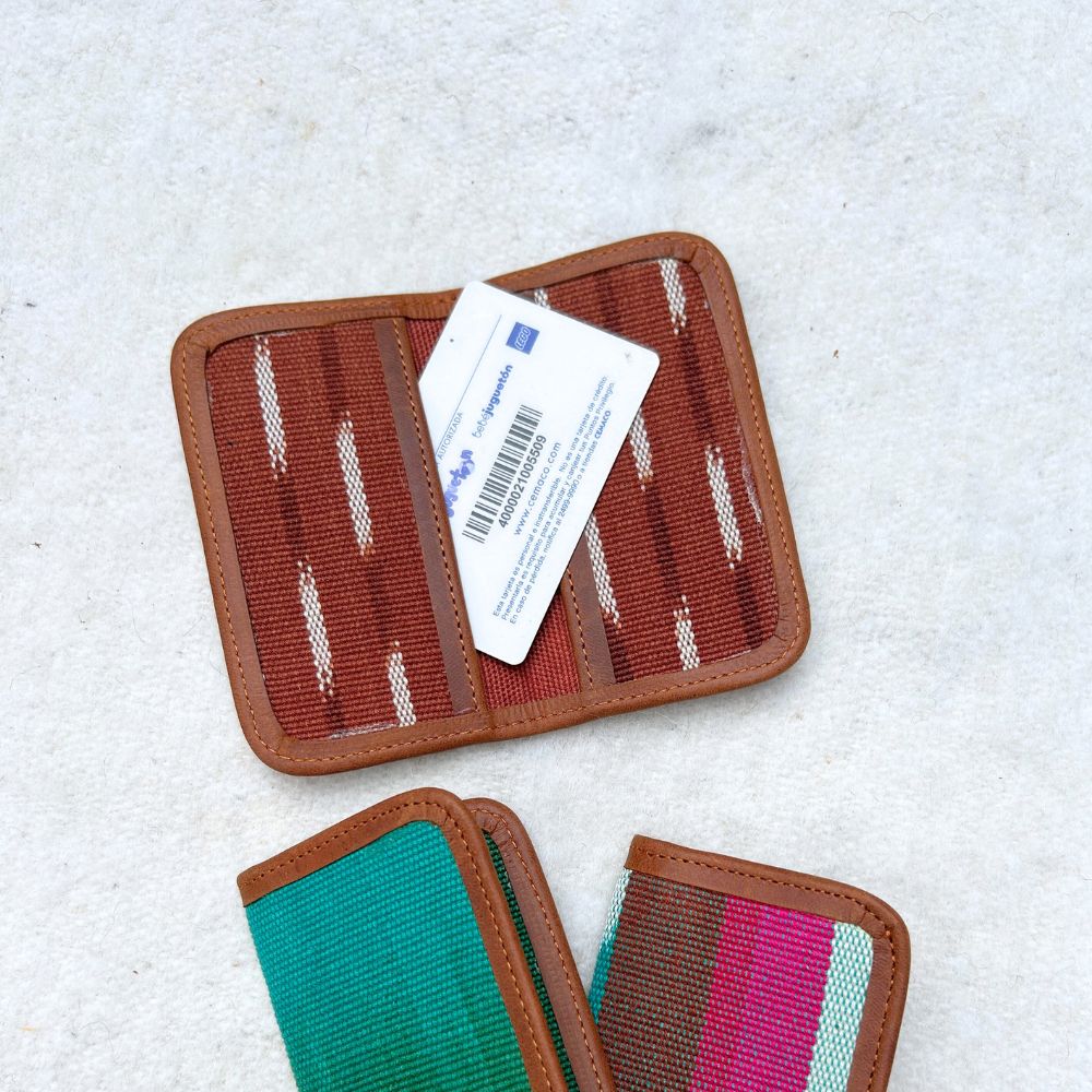 Brown and white pattern cardholder with brown leather 