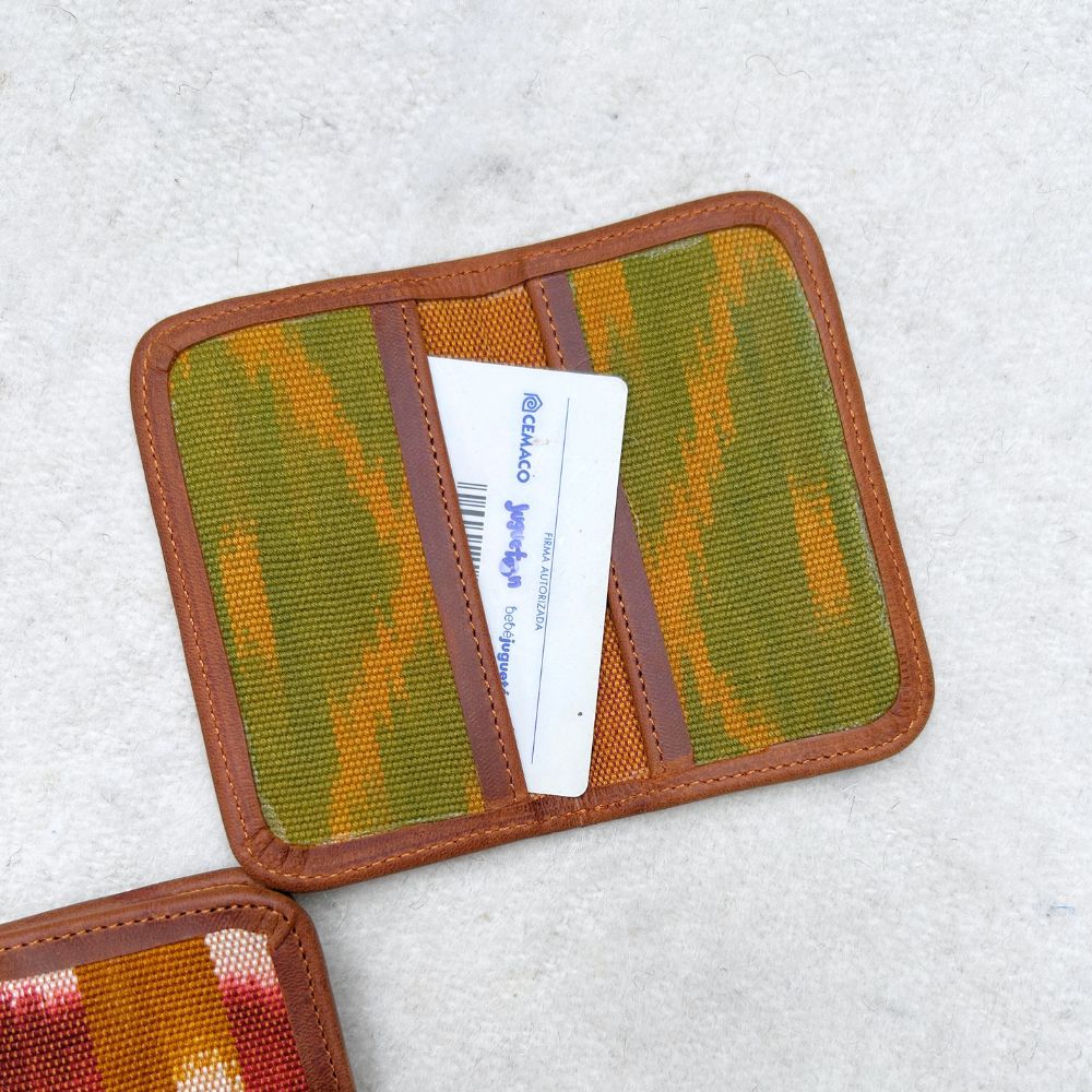 Card Holders with naturally dye textiles green and yellos