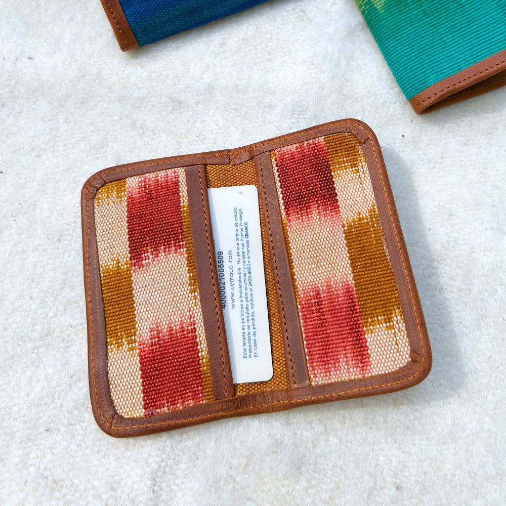 Red, white and ochre pattern  textile cardholder with brown leather 
