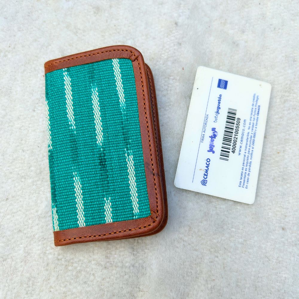 Mint and white fabric cardholder with brown leather border.