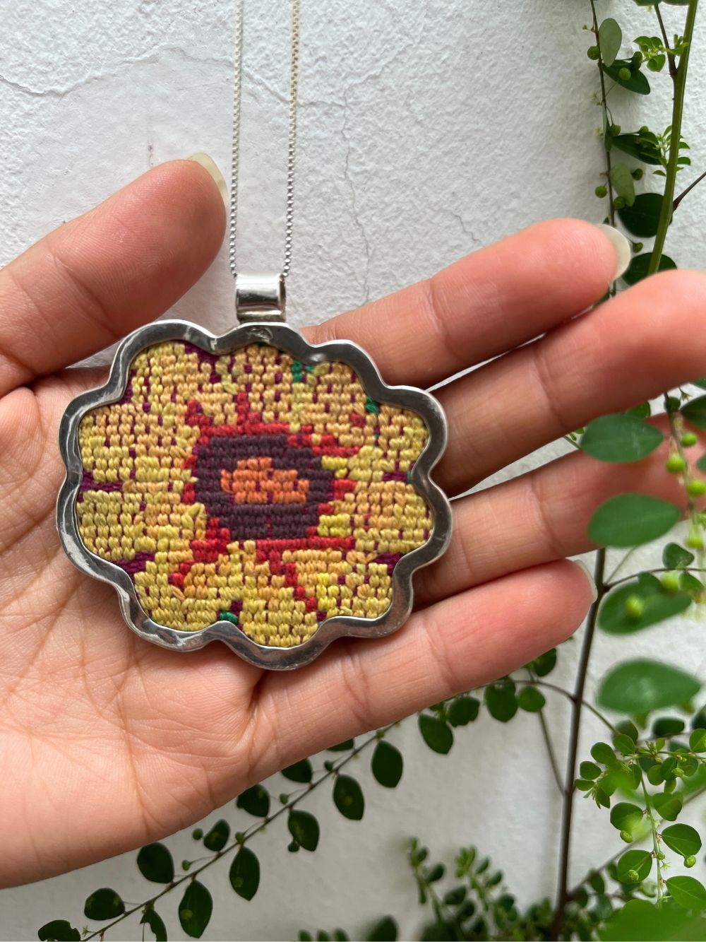 Silver Textile Pendant: Yellow Flower