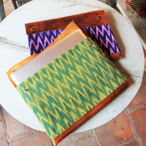 Handmade laptop sleeve with textile and leather