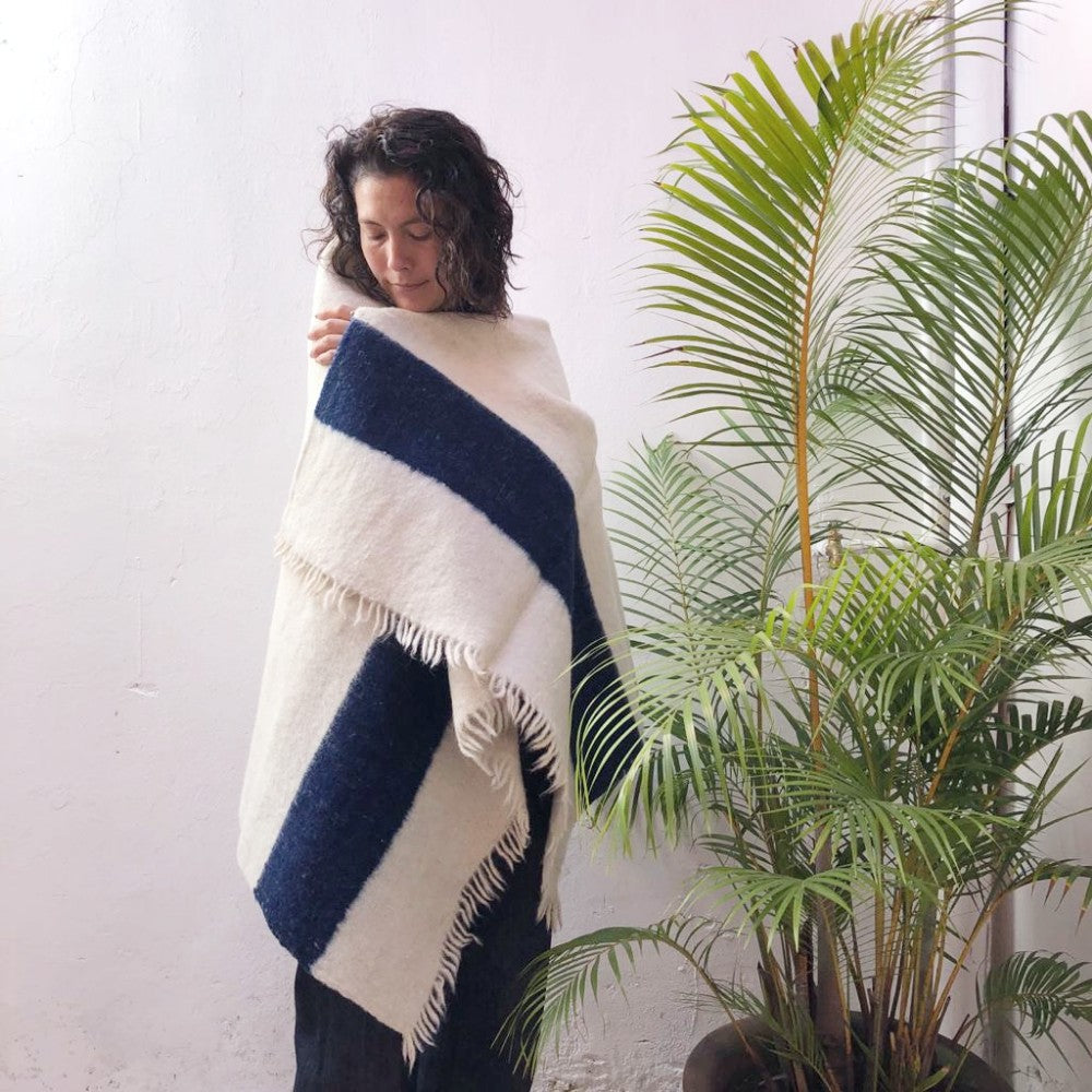 Cozy Wool Wrap: Natural White and Blue
