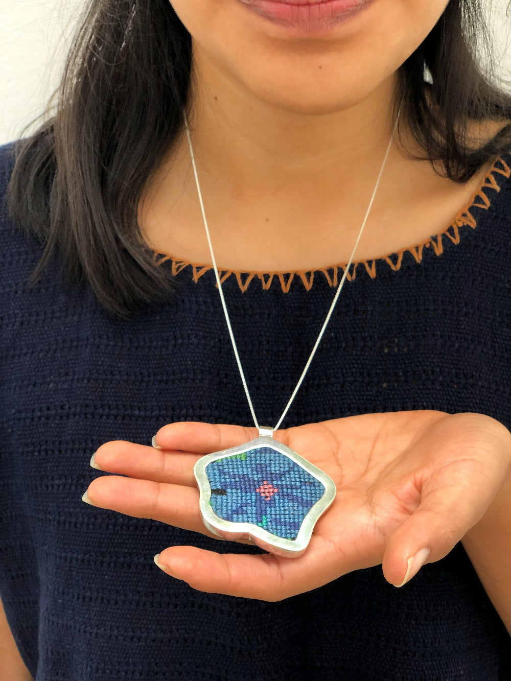 Silver Textile Pendant: Light Blue Flower