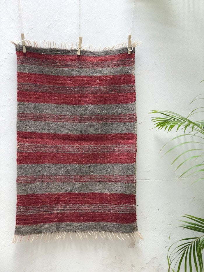 Small Wool Rug: Stripes in Red and Grey